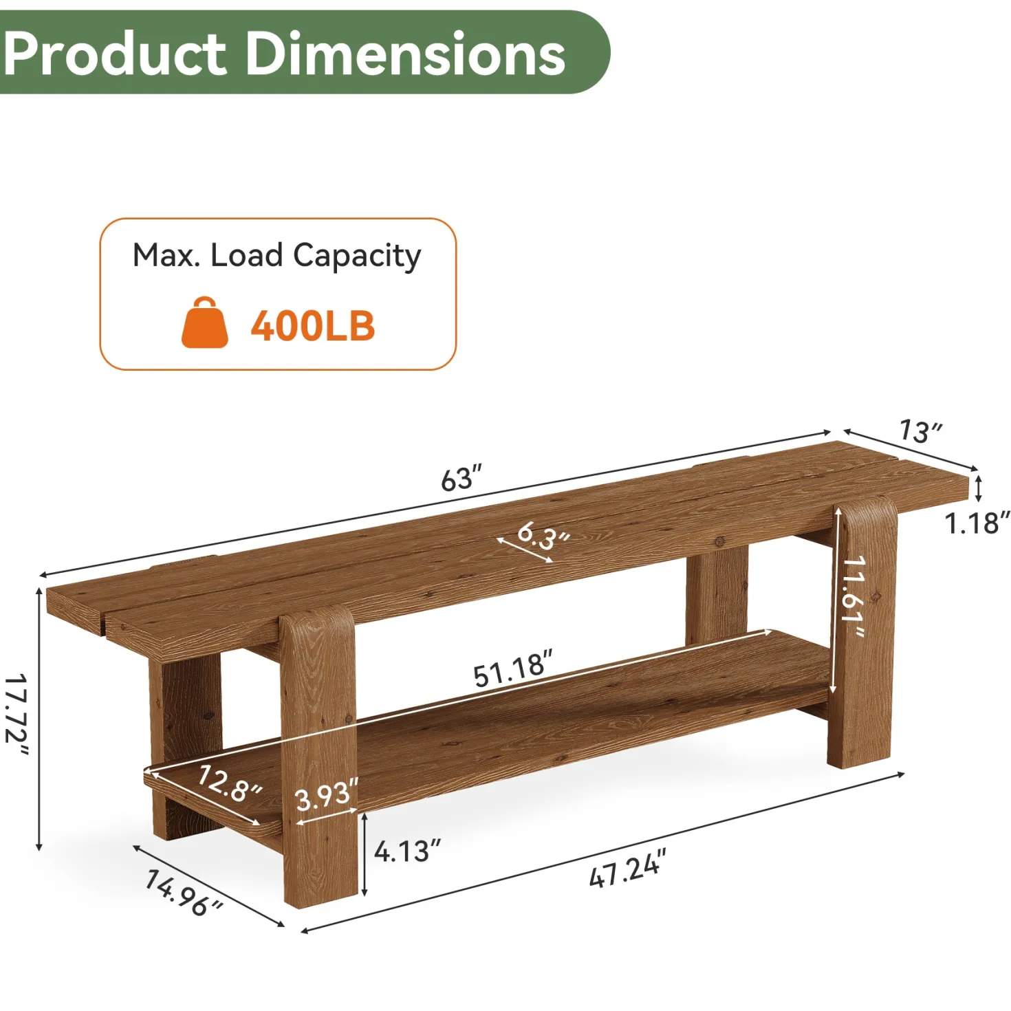 63" Solid Wood Dining Bench, Rustic Kitchen Bench with Storage Shelf (Only Bench)