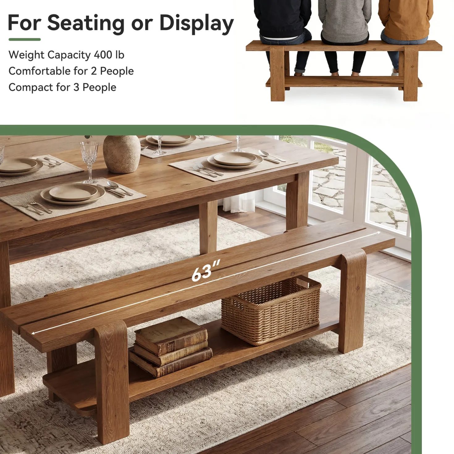 63" Solid Wood Dining Bench, Rustic Kitchen Bench with Storage Shelf (Only Bench)