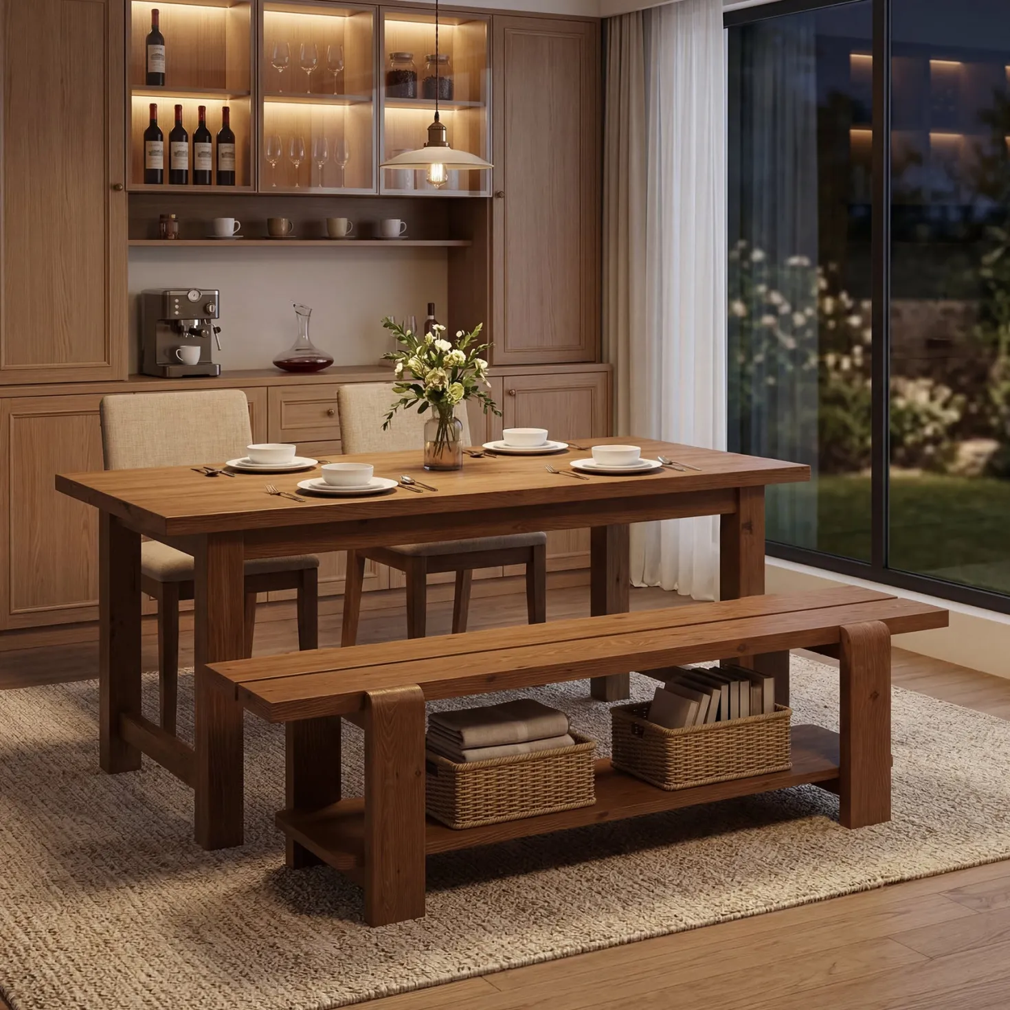 63" Solid Wood Dining Bench, Rustic Kitchen Bench with Storage Shelf (Only Bench)