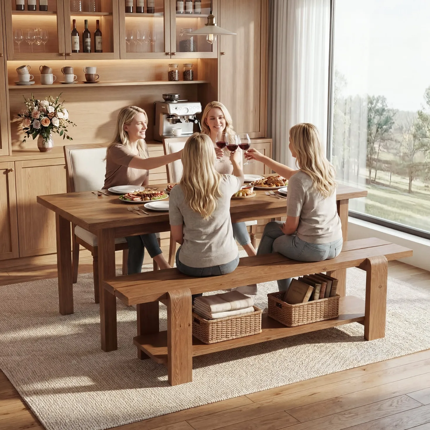 63" Solid Wood Dining Bench, Rustic Kitchen Bench with Storage Shelf (Only Bench)