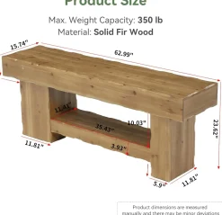63" Solid Wood Dining Bench, Farmhouse Kitchen Table Bench with Storage Shelf