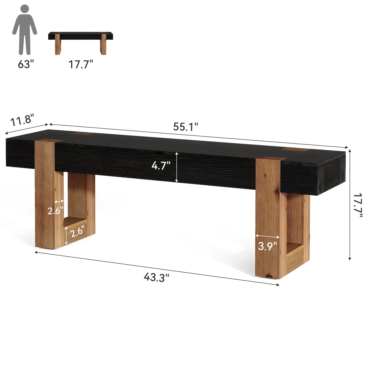 55" Solid Wood Dining Bench, Farmhouse Wooden Entryway Bench