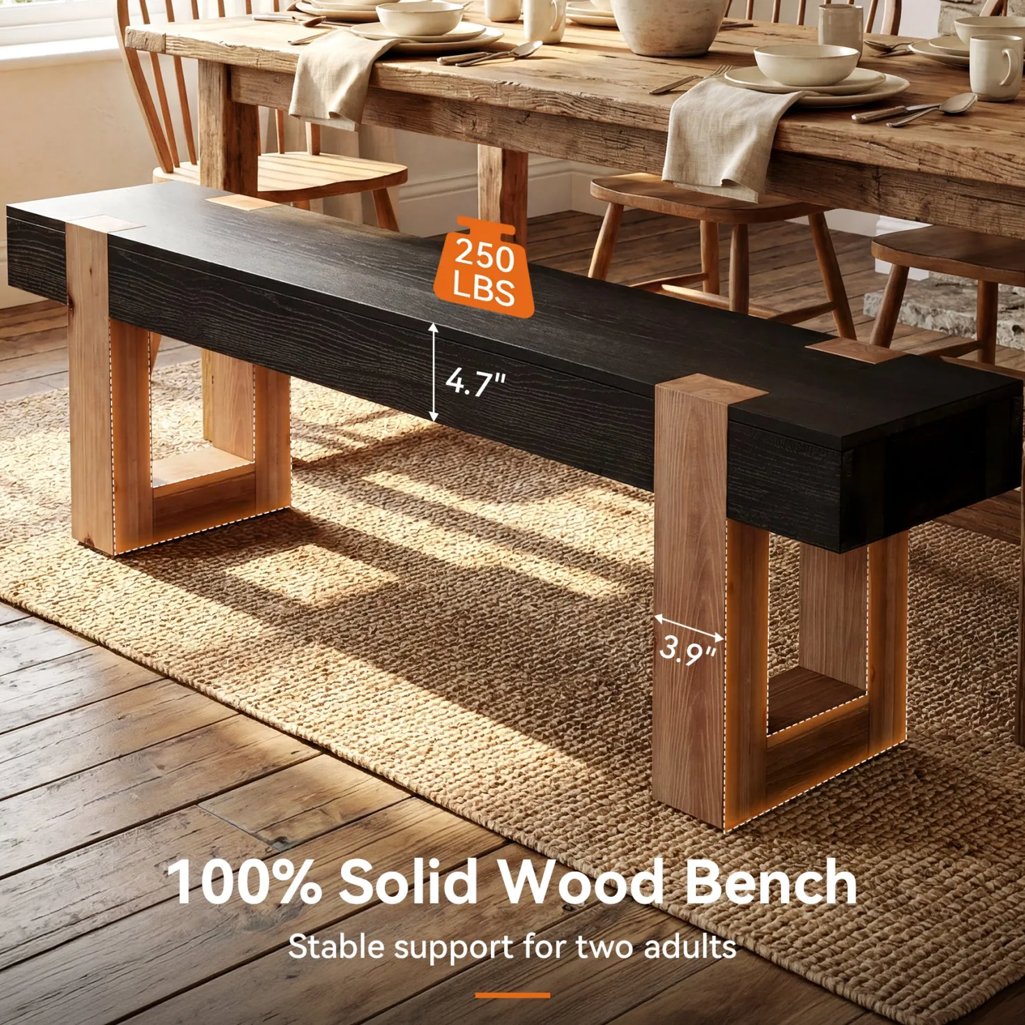 55" Solid Wood Dining Bench, Farmhouse Wooden Entryway Bench