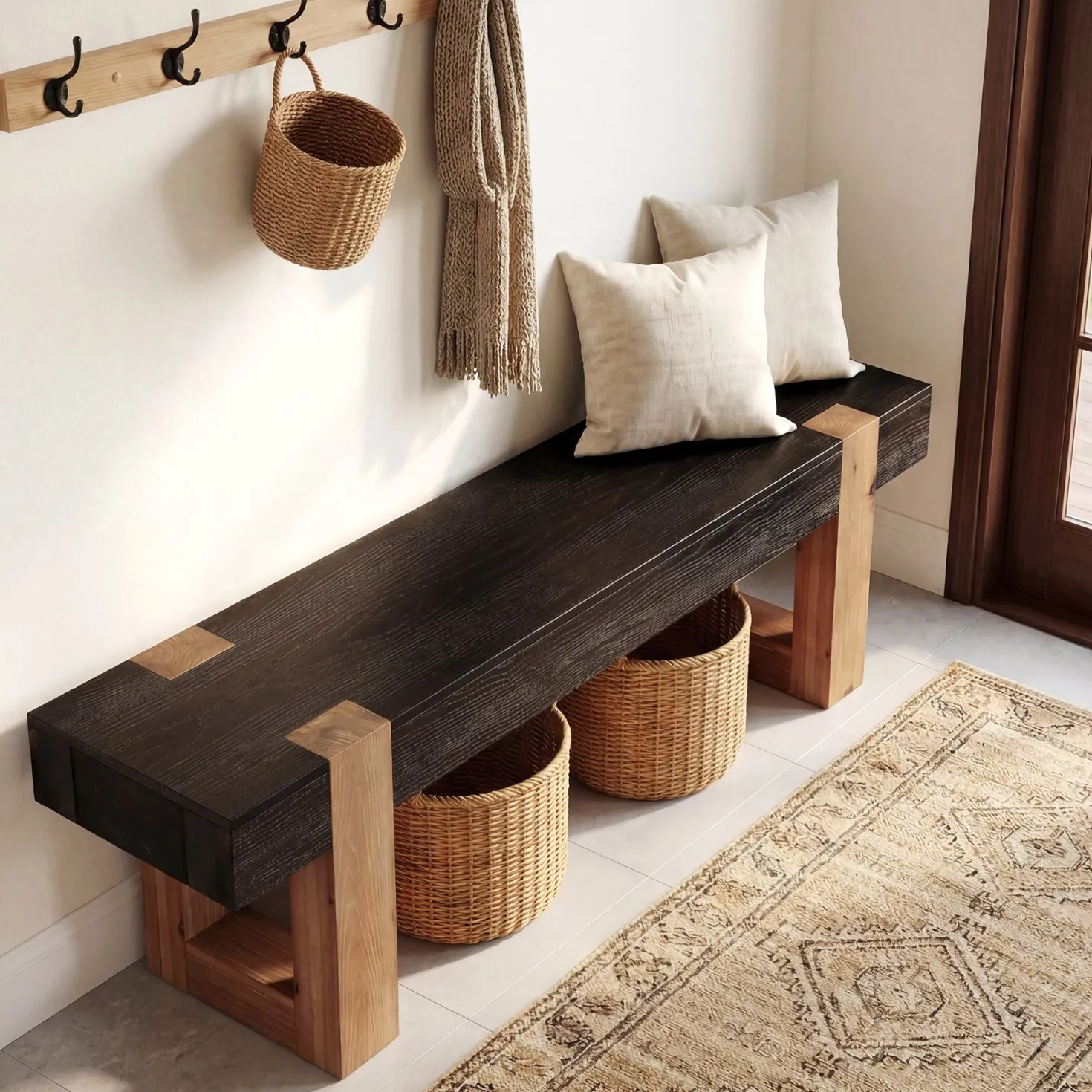55" Solid Wood Dining Bench, Farmhouse Wooden Entryway Bench