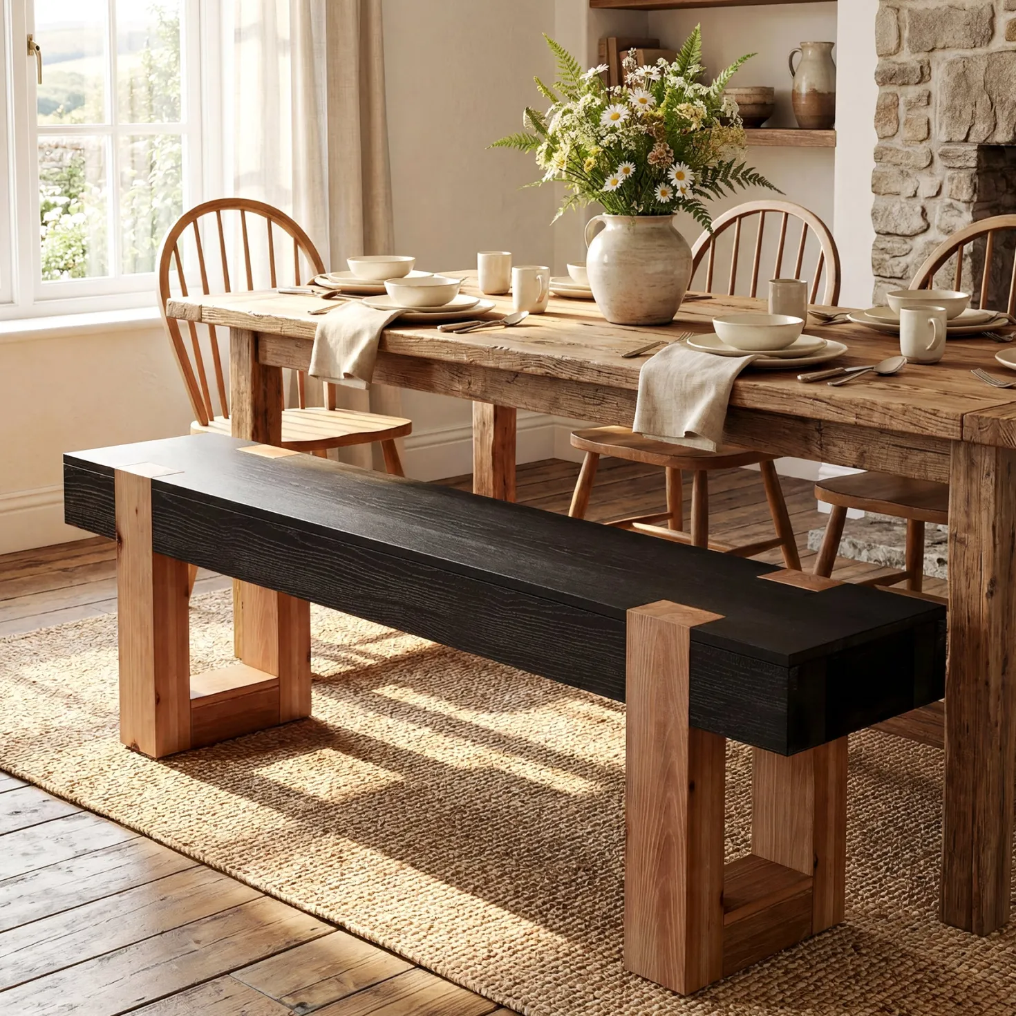 55" Solid Wood Dining Bench, Farmhouse Wooden Entryway Bench