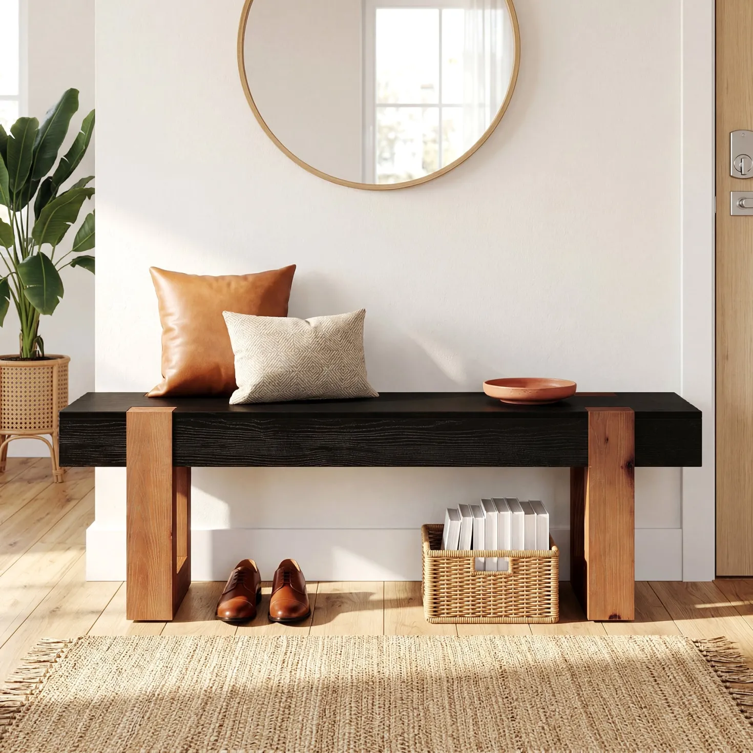 55" Solid Wood Dining Bench, Farmhouse Wooden Entryway Bench