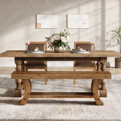 55" Solid Wood Dining Bench with Storage Shelf, Farmhouse Kitchen & Dining Table Bench Seating