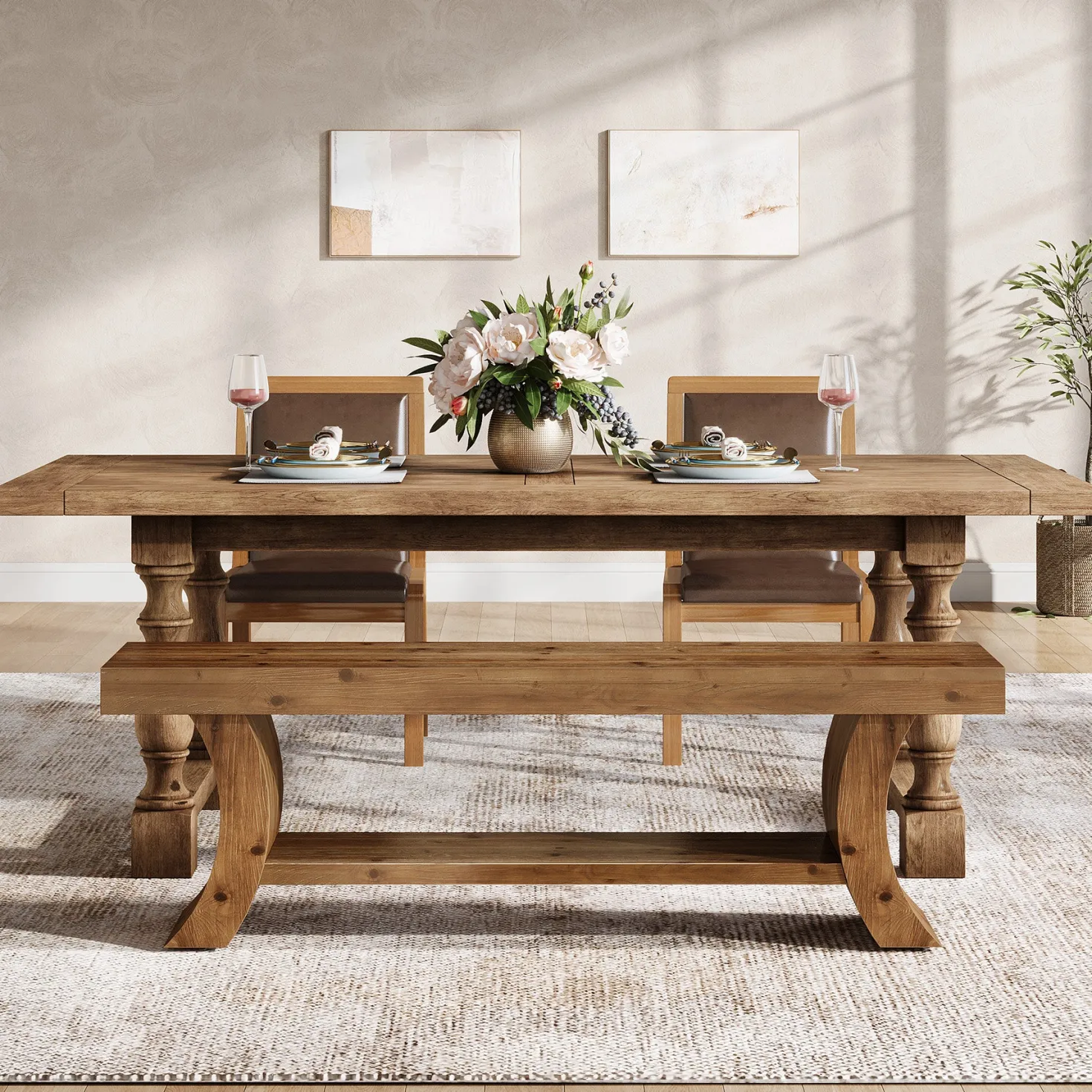 55" Solid Wood Dining Bench with Storage Shelf, Farmhouse Kitchen & Dining Table Bench Seating