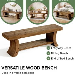 55" Solid Wood Dining Bench with Storage Shelf, Farmhouse Kitchen & Dining Table Bench Seating