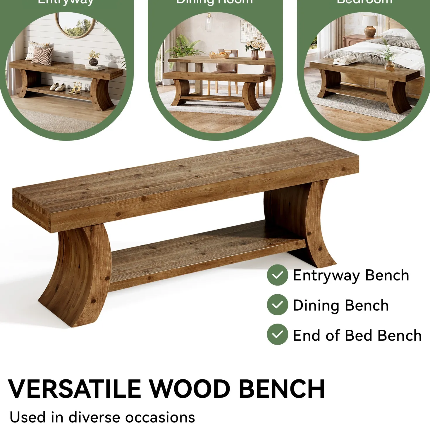 55" Solid Wood Dining Bench with Storage Shelf, Farmhouse Kitchen & Dining Table Bench Seating