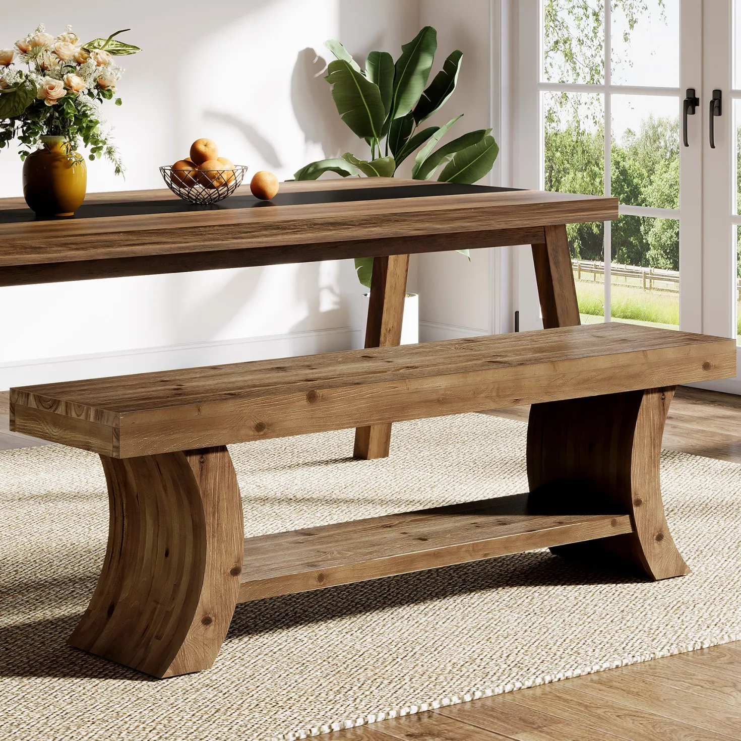 55" Solid Wood Dining Bench with Storage Shelf, Farmhouse Kitchen & Dining Table Bench Seating