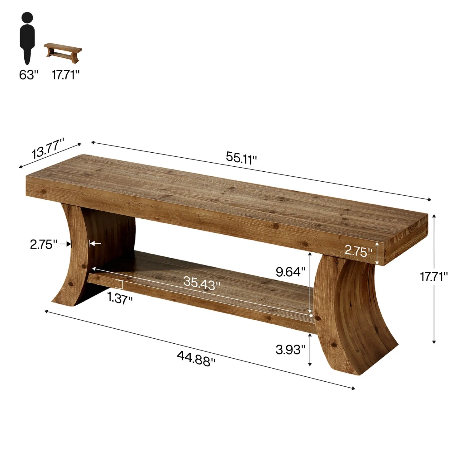55" Solid Wood Dining Bench with Storage Shelf, Farmhouse Kitchen & Dining Table Bench Seating