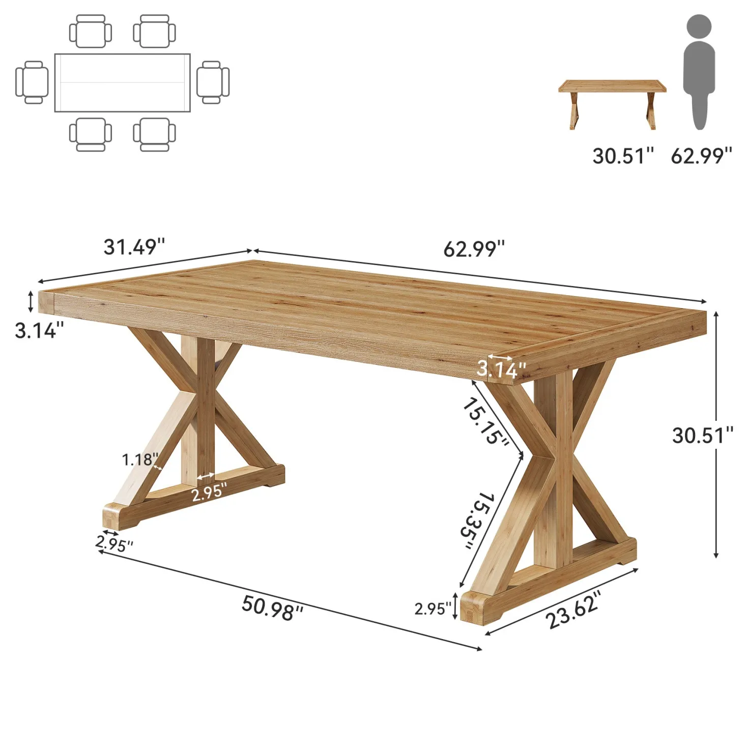 63" Solid Wood Dining Table, Rectangular Kitchen Table for 4-6