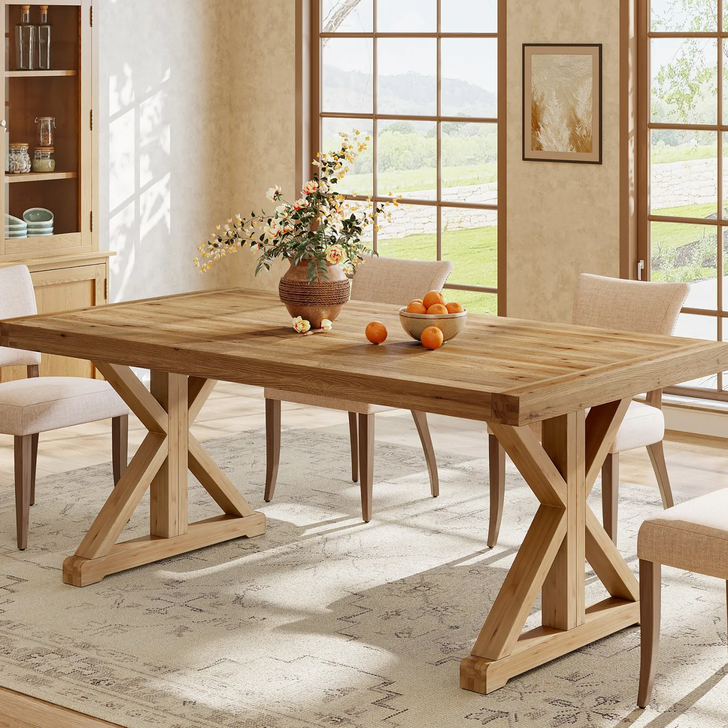 63" Solid Wood Dining Table, Rectangular Kitchen Table for 4-6