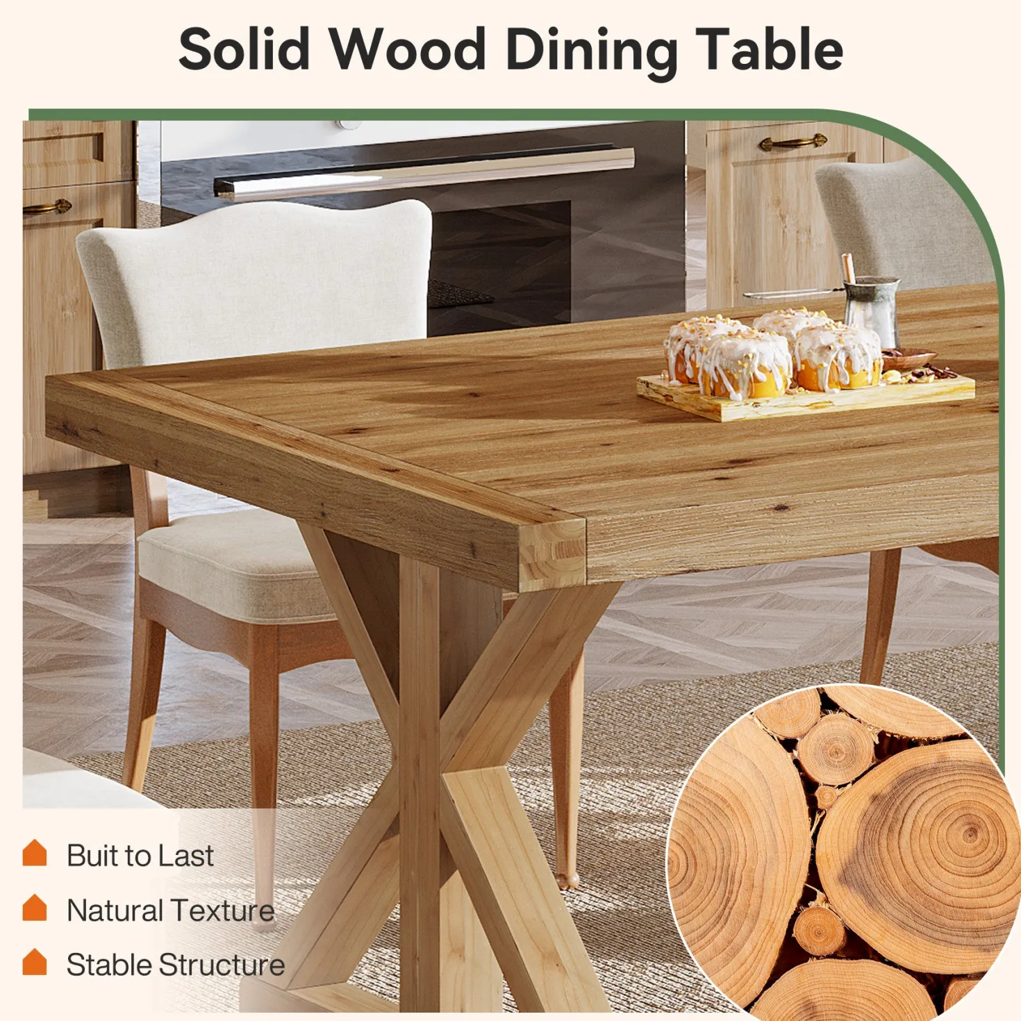 63" Solid Wood Dining Table, Rectangular Kitchen Table for 4-6