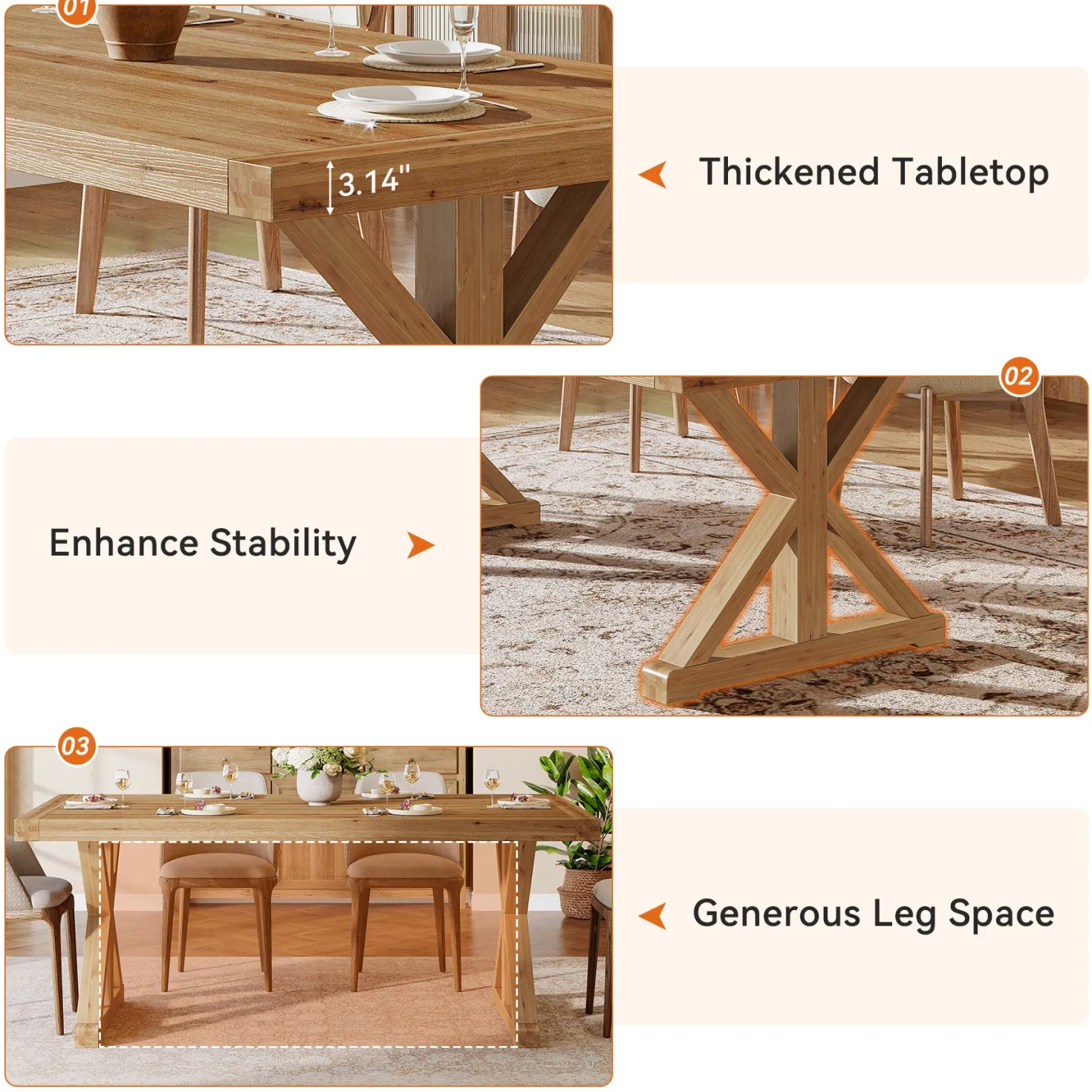 63" Solid Wood Dining Table, Rectangular Kitchen Table for 4-6