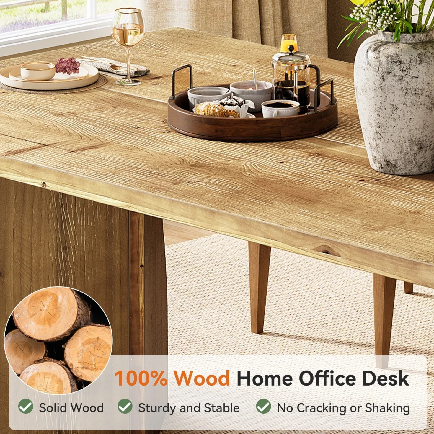 63" Solid Wood Dining Table, Rectangular Kitchen Table For 4-6 People