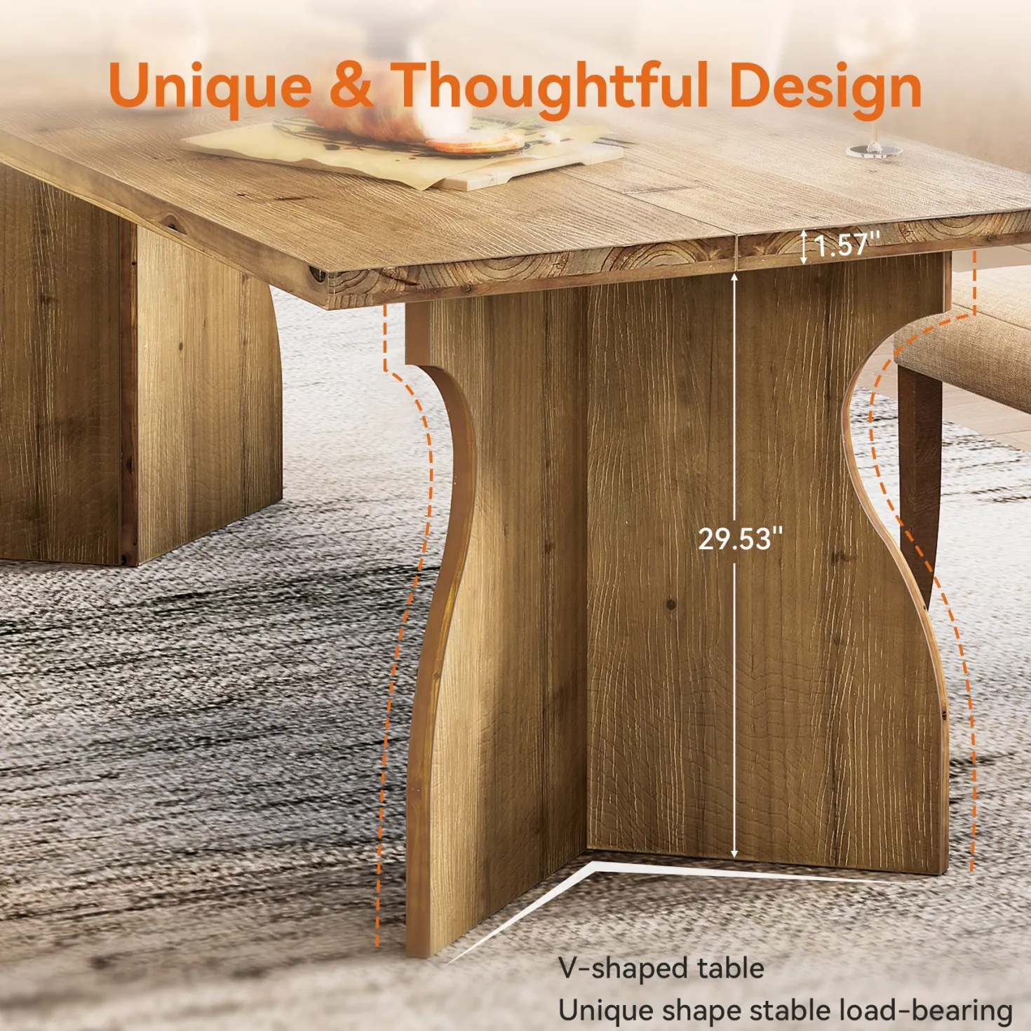 63" Solid Wood Dining Table, Rectangular Kitchen Table For 4-6 People