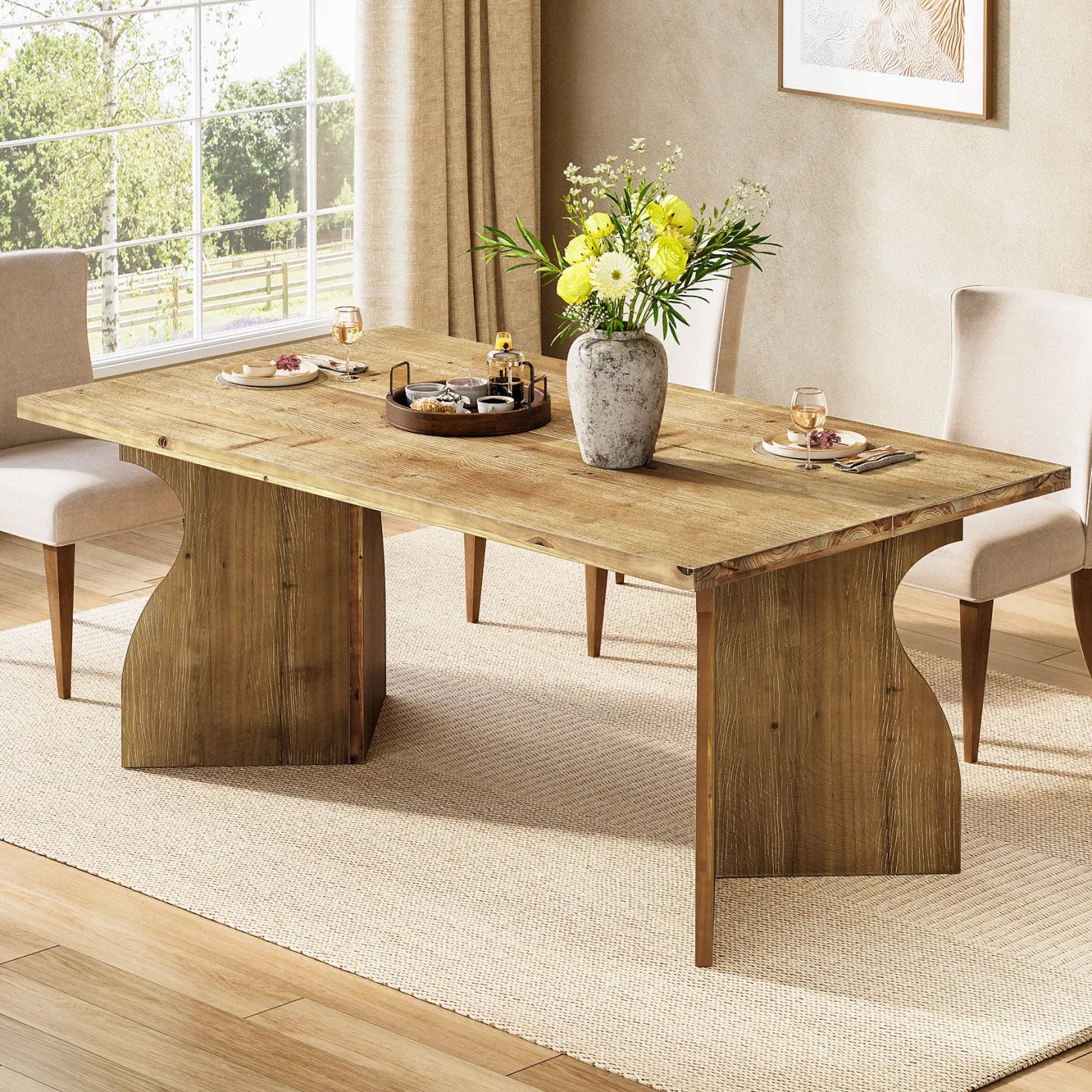 63" Solid Wood Dining Table, Rectangular Kitchen Table For 4-6 People