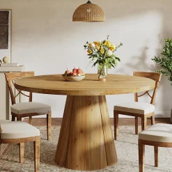 47.24" Solid Wood Dining Table, Round Kitchen Table with Pedestal Base for 4-6