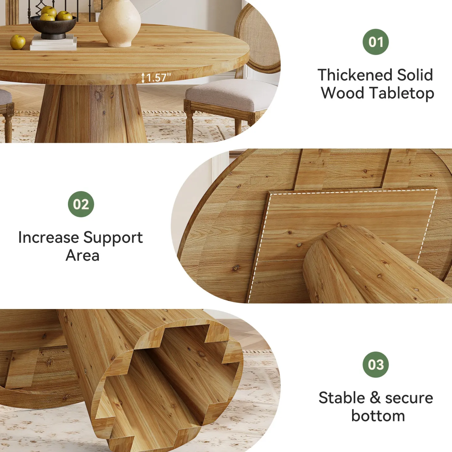 47.24" Solid Wood Dining Table, Round Kitchen Table with Pedestal Base for 4-6