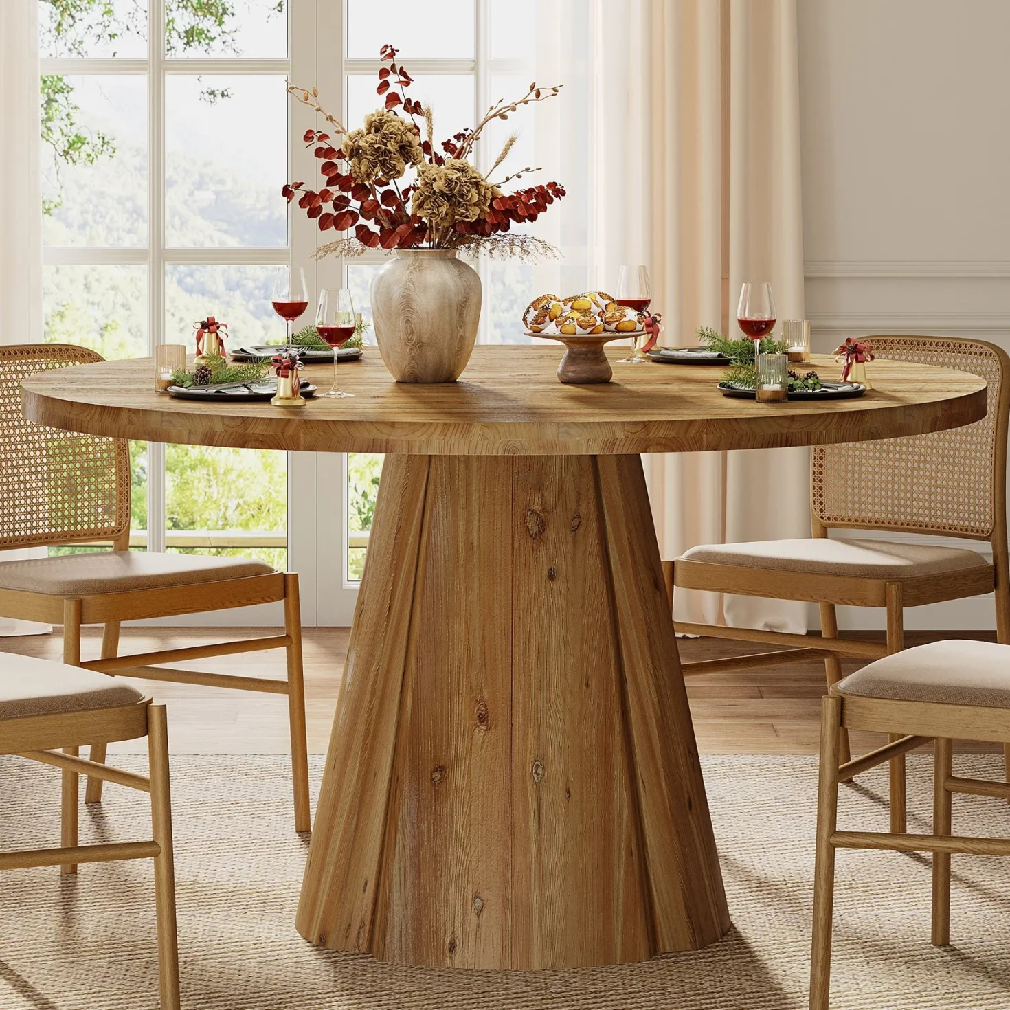 47.24" Solid Wood Dining Table, Round Kitchen Table with Pedestal Base for 4-6
