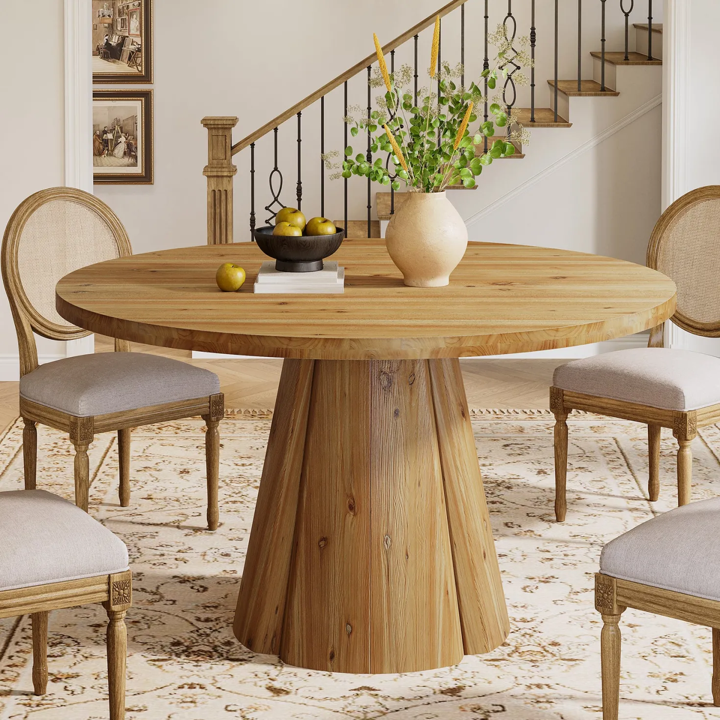 47.24" Solid Wood Dining Table, Round Kitchen Table with Pedestal Base for 4-6