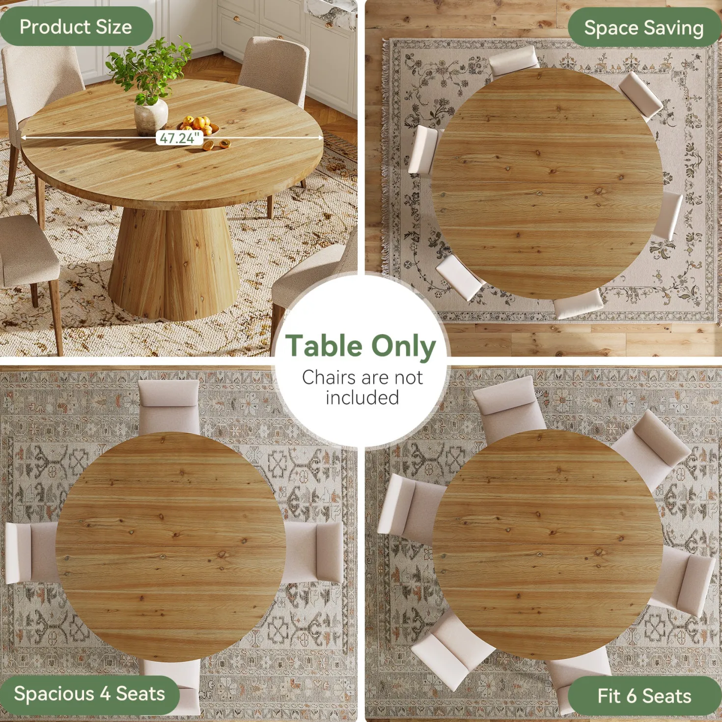 47.24" Solid Wood Dining Table, Round Kitchen Table with Pedestal Base for 4-6