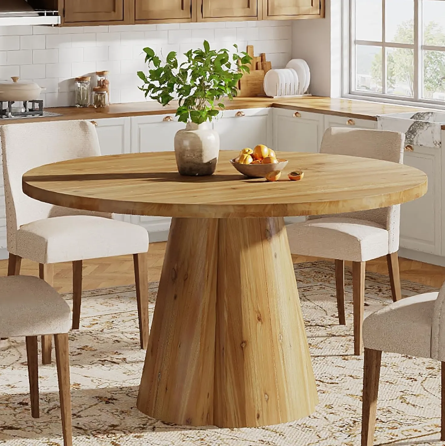 47.24" Solid Wood Dining Table, Round Kitchen Table with Pedestal Base for 4-6