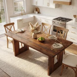 63" Solid Wood Dining Table, Rectangular Kitchen Table for 4-6 People with Thick Top