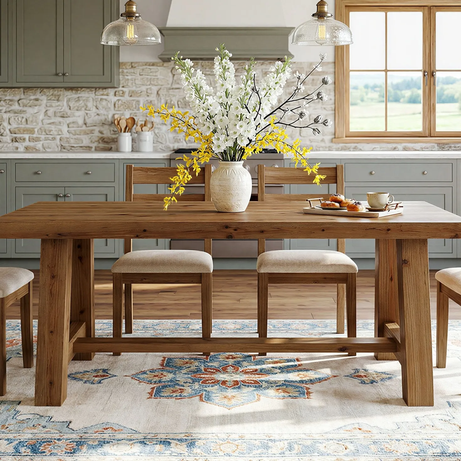 63" Solid Wood Dining Table, Rectangular Kitchen Table for 4-6 People