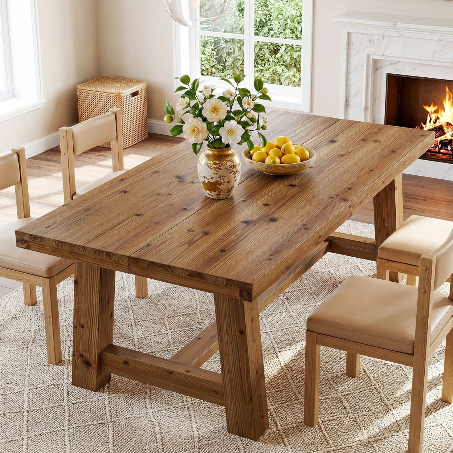 63" Solid Wood Dining Table, Rectangular Kitchen Table for 4-6 People