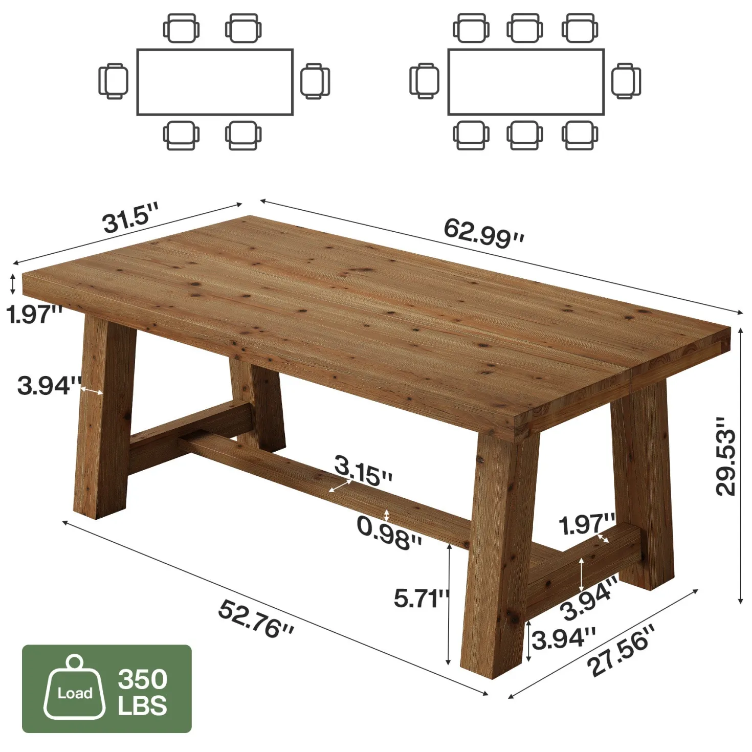 63" Solid Wood Dining Table, Rectangular Kitchen Table for 4-6 People