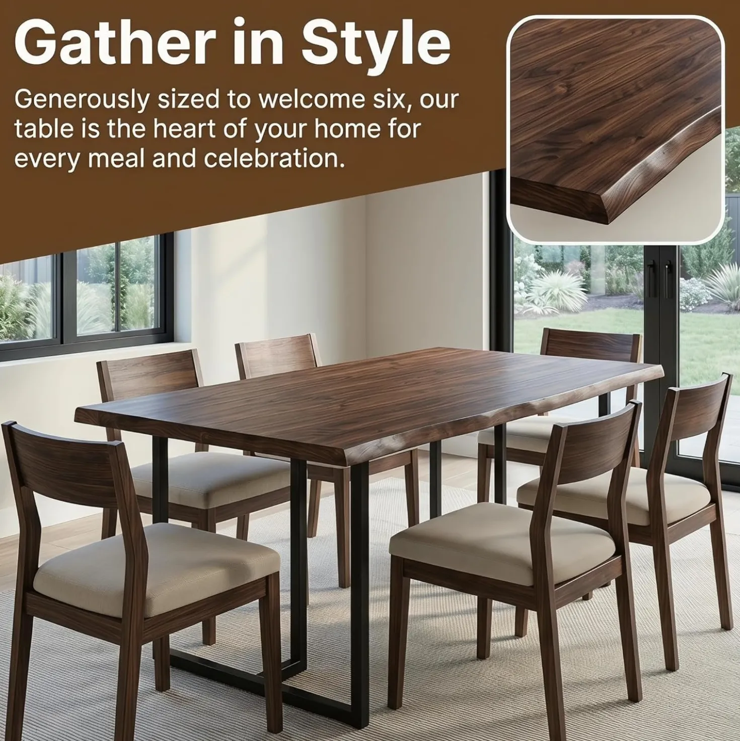 63" Solid Wood Dining Table, Rectangular Kitchen Table with Live-Edge Inspired Top for 4–6