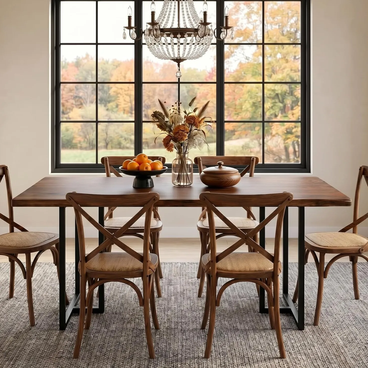 63" Solid Wood Dining Table, Rectangular Kitchen Table with Live-Edge Inspired Top for 4–6