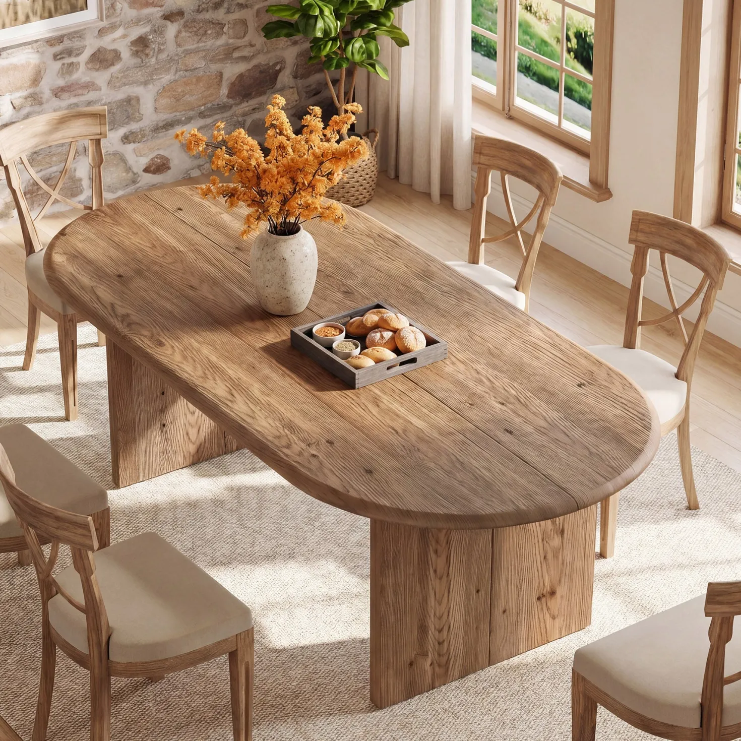 63" Solid Wood Dining Table for 6, Oval Kitchen Table with Storage for Dining Room