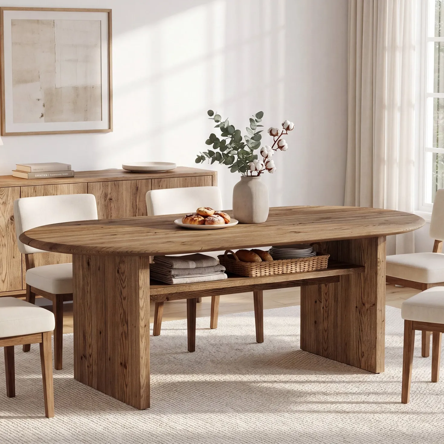 63" Solid Wood Dining Table for 6, Oval Kitchen Table with Storage for Dining Room