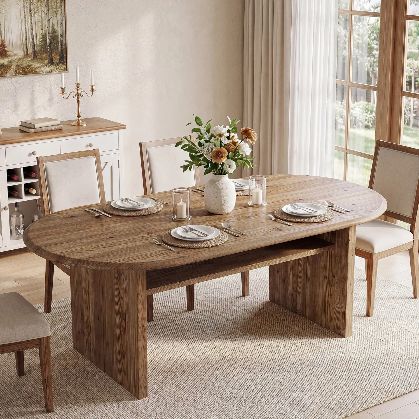 63" Solid Wood Dining Table for 6, Oval Kitchen Table with Storage for Dining Room