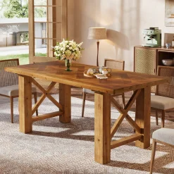 63" Solid Wood Dining Table for 4-6, Rectangle Kitchen Table with X-Shaped Frame