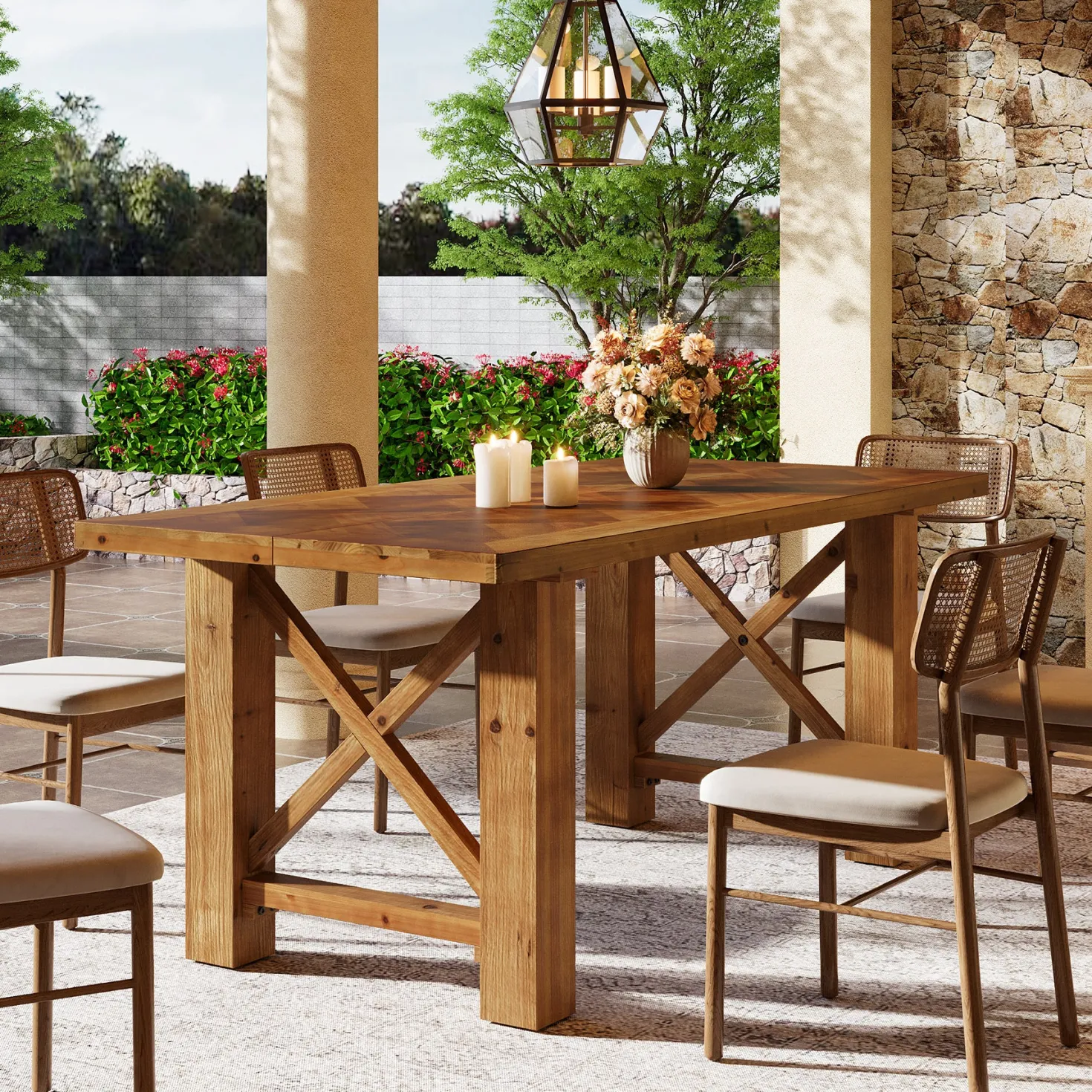 63" Solid Wood Dining Table for 4-6, Rectangle Kitchen Table with X-Shaped Frame