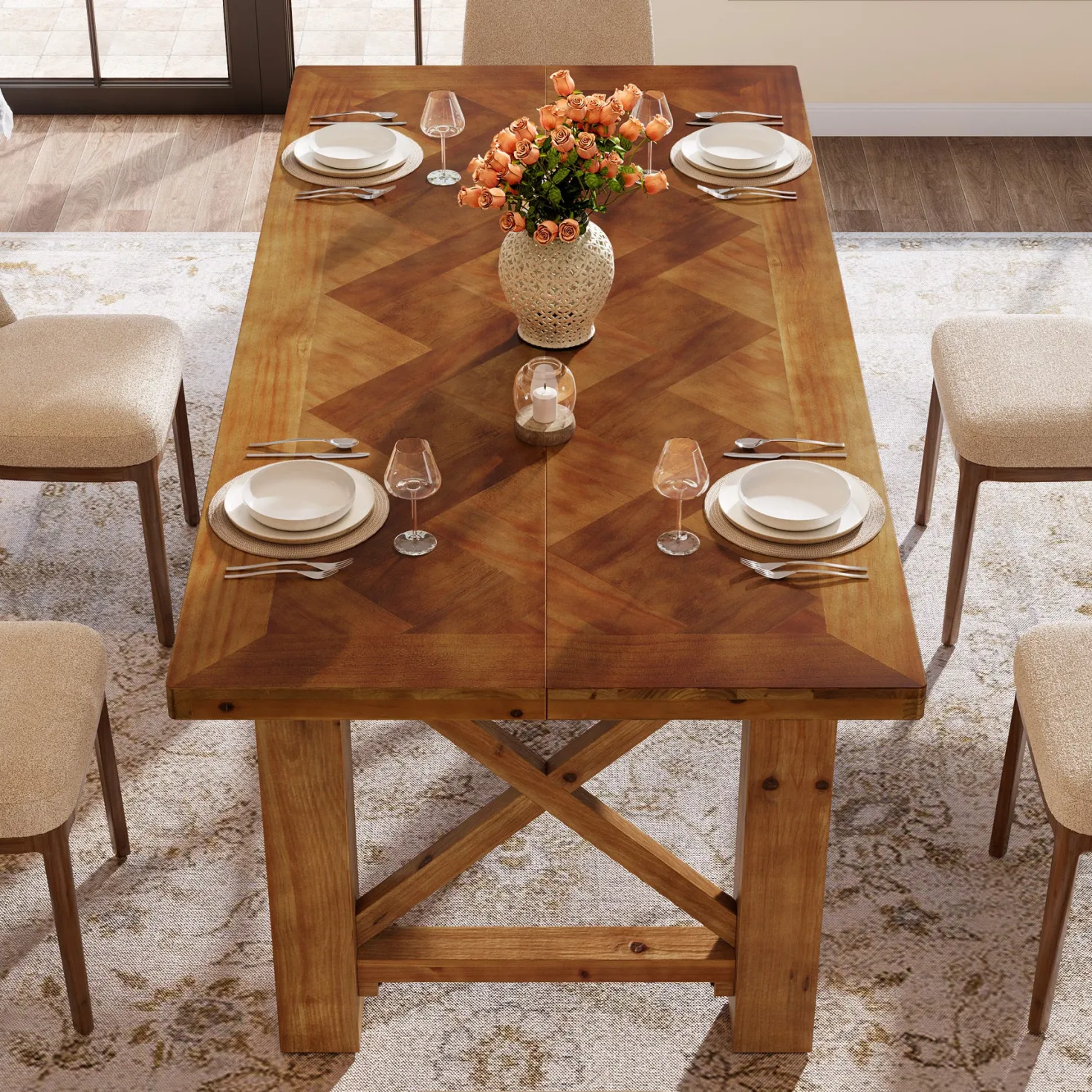 63" Solid Wood Dining Table for 4-6, Rectangle Kitchen Table with X-Shaped Frame