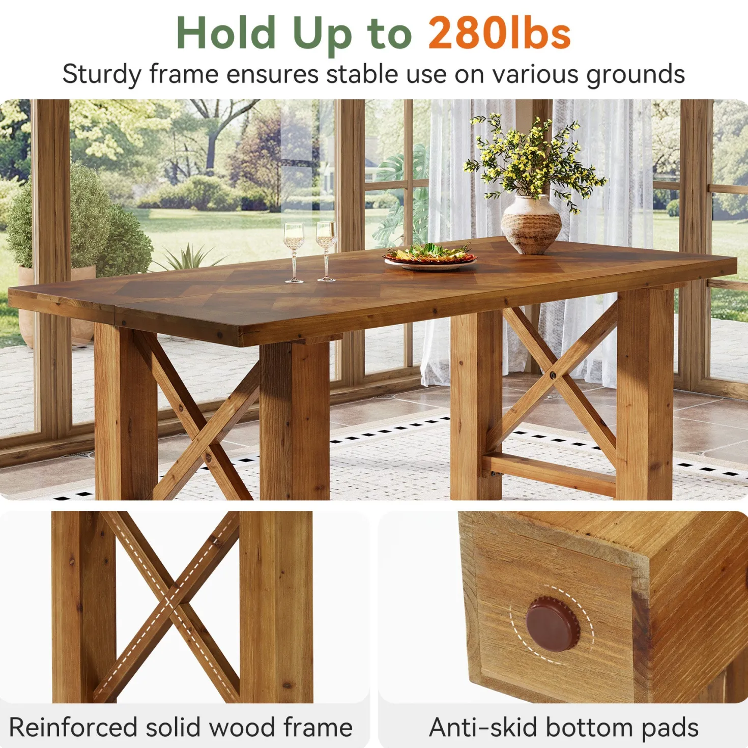 63" Solid Wood Dining Table for 4-6, Rectangle Kitchen Table with X-Shaped Frame
