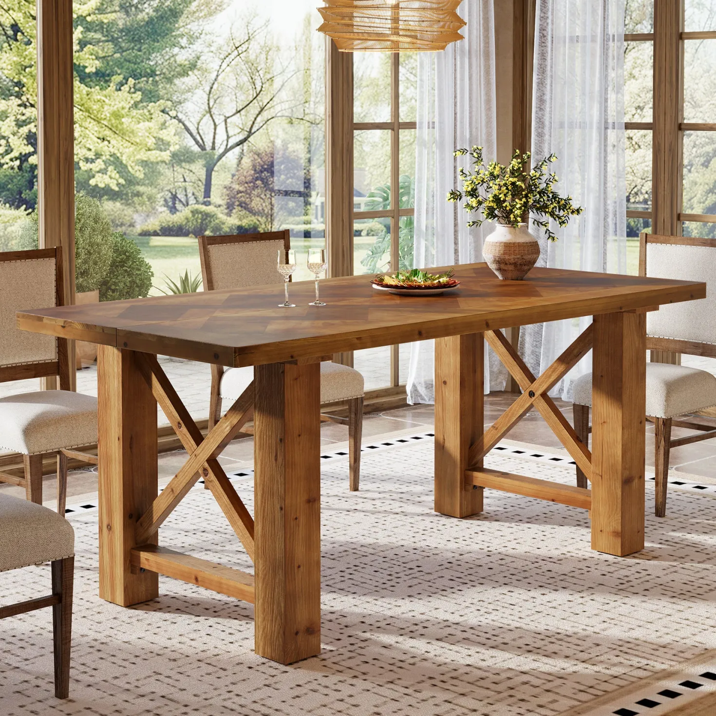 63" Solid Wood Dining Table for 4-6, Rectangle Kitchen Table with X-Shaped Frame