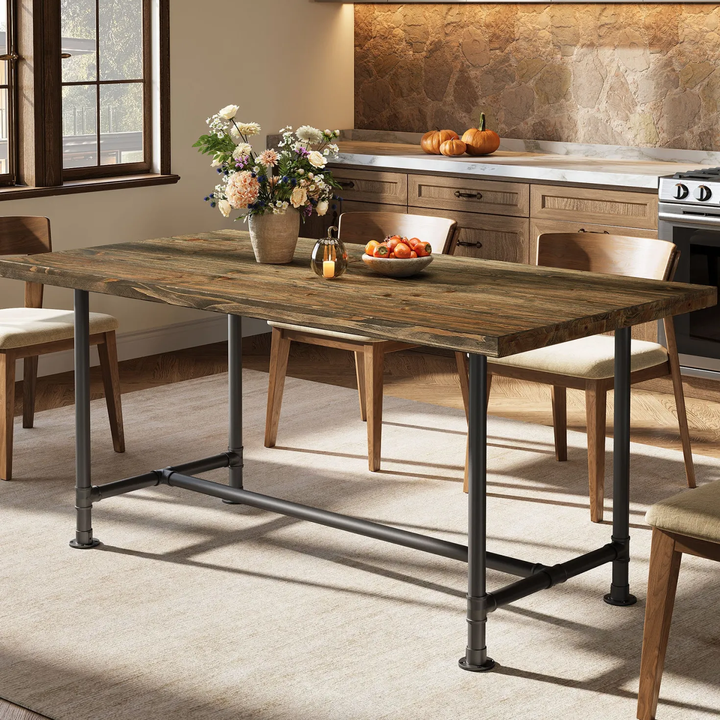 63" Solid Wood Dining Table for 4-6, Industrial Kitchen Table with Metal Footrest
