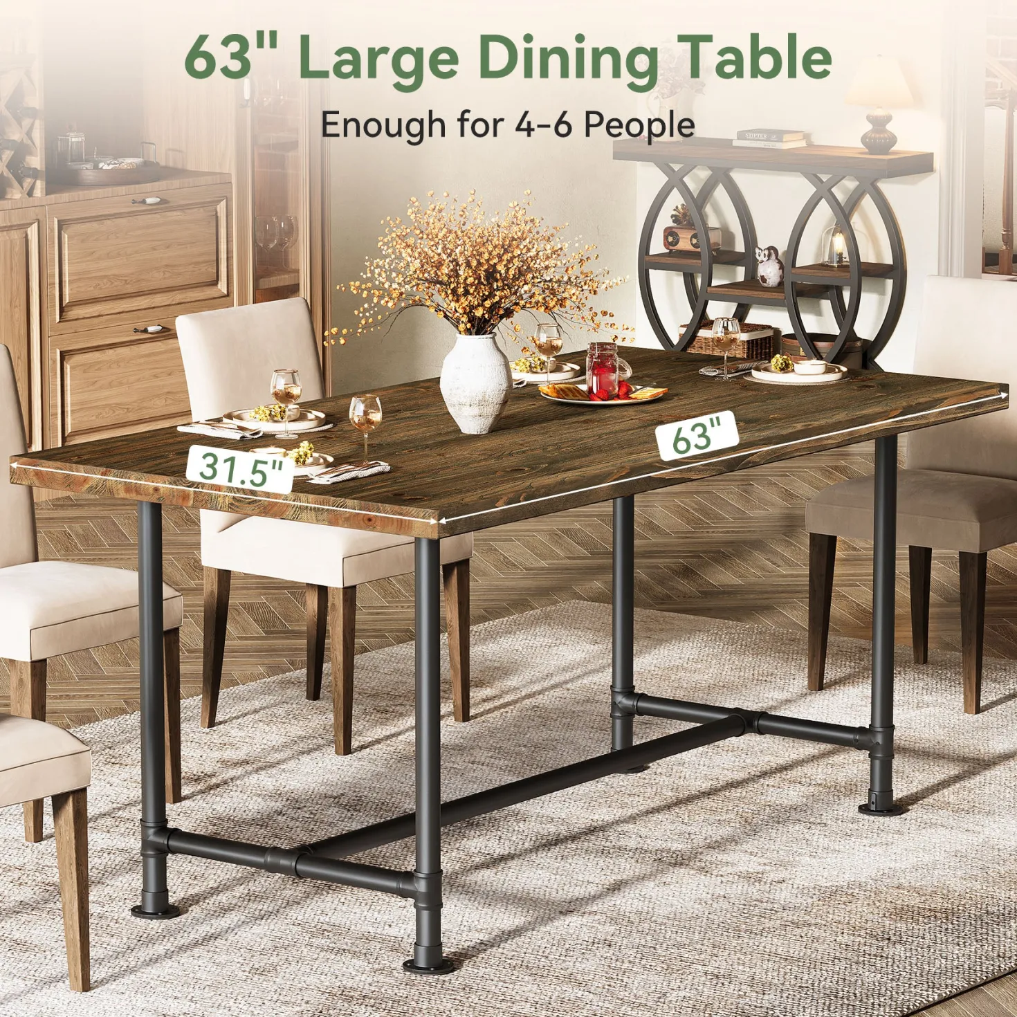 63" Solid Wood Dining Table for 4-6, Industrial Kitchen Table with Metal Footrest
