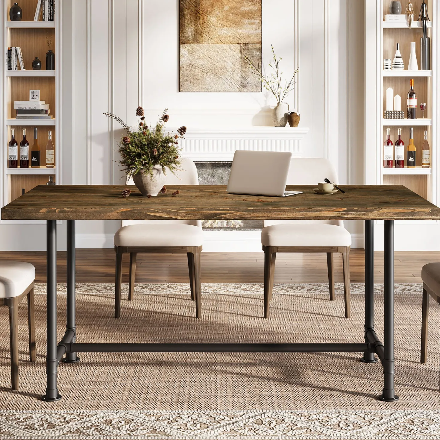 63" Solid Wood Dining Table for 4-6, Industrial Kitchen Table with Metal Footrest