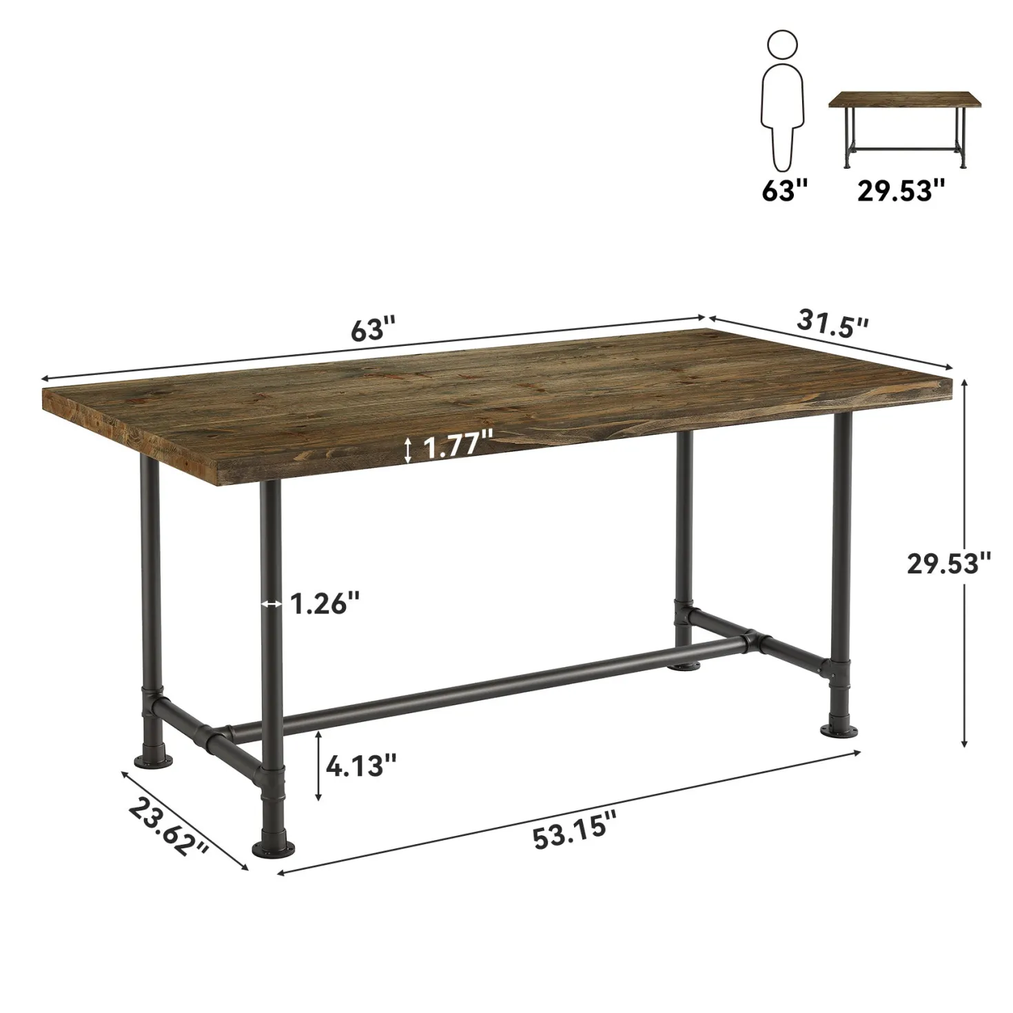 63" Solid Wood Dining Table for 4-6, Industrial Kitchen Table with Metal Footrest