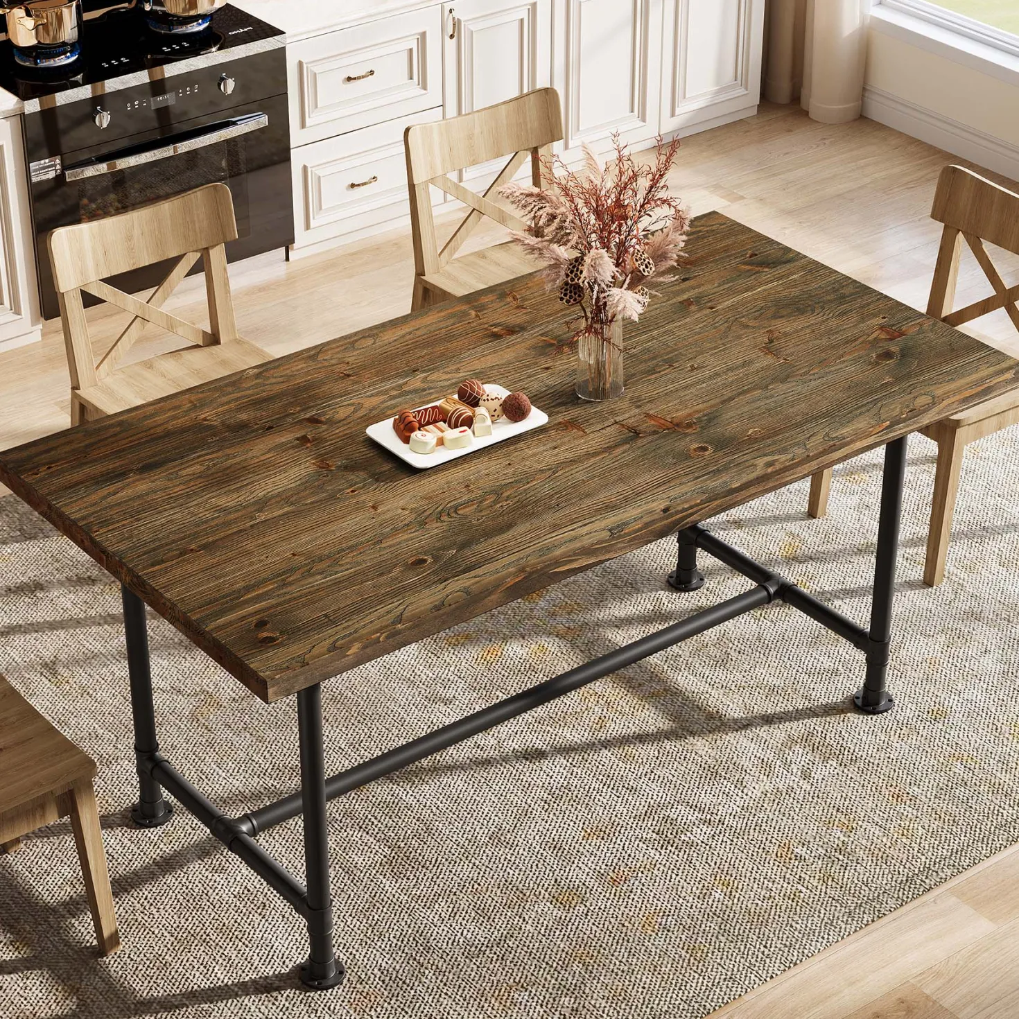 63" Solid Wood Dining Table for 4-6, Industrial Kitchen Table with Metal Footrest
