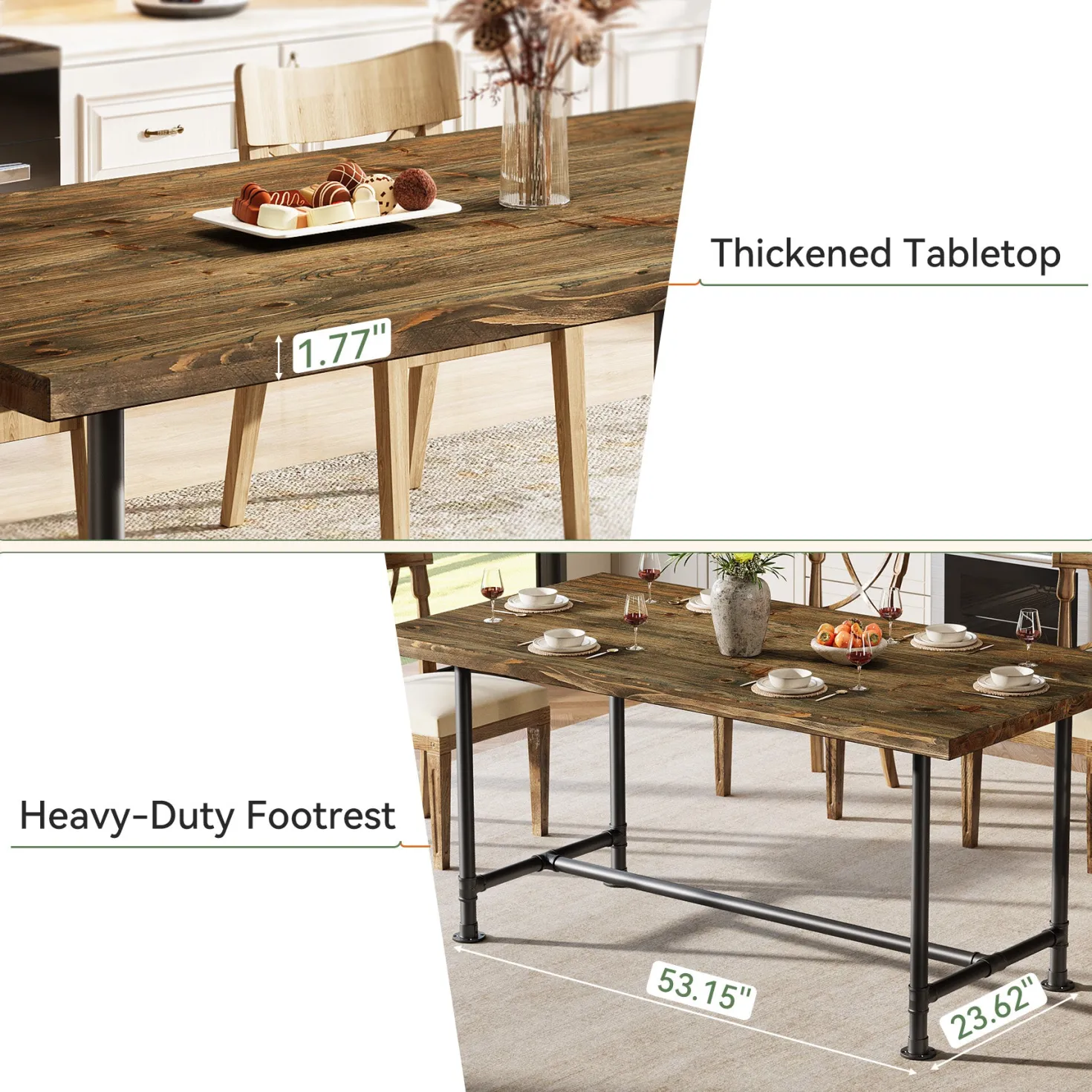63" Solid Wood Dining Table for 4-6, Industrial Kitchen Table with Metal Footrest