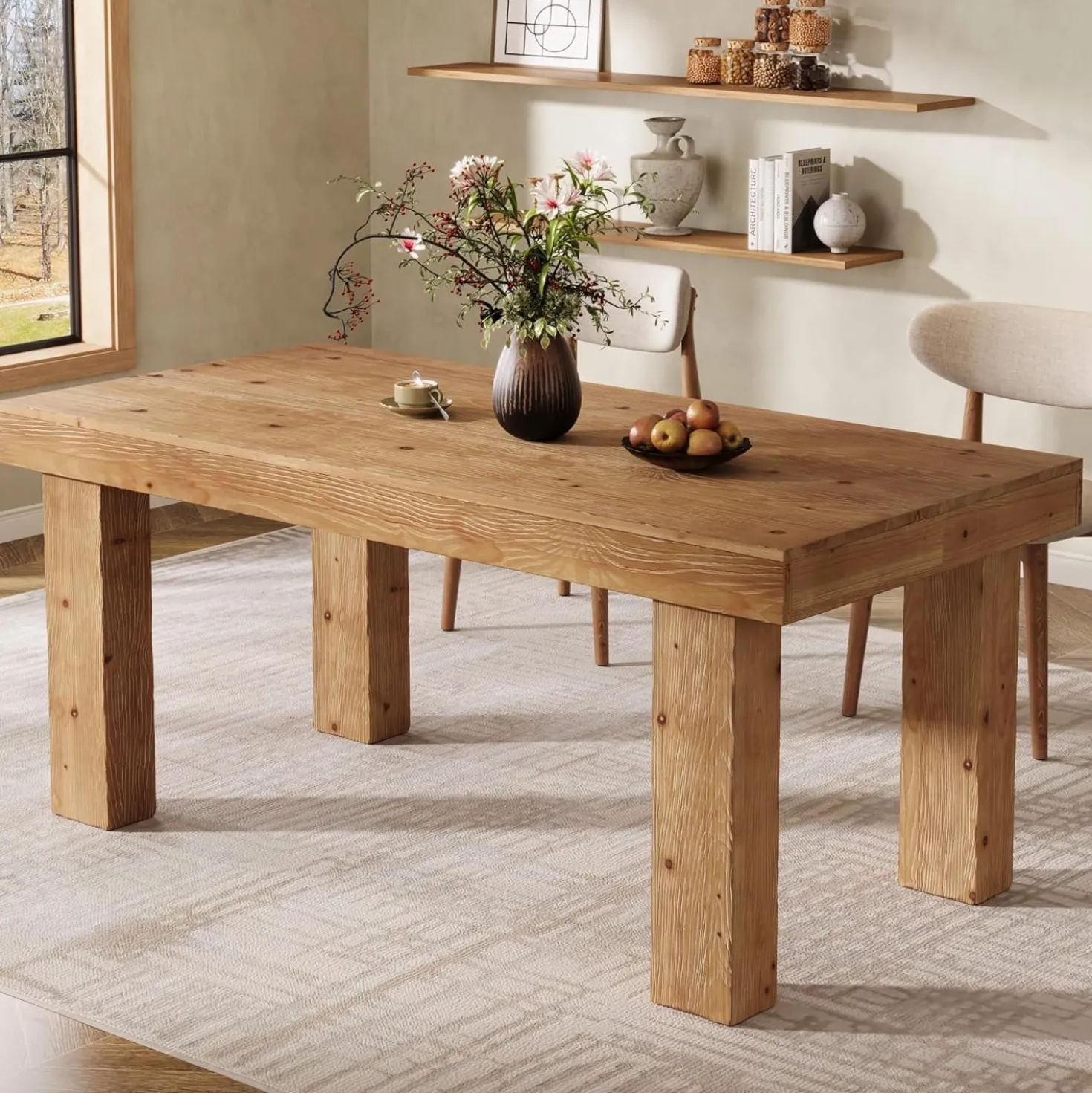63" Solid Wood Dining Table, Farmhouse Kitchen Table with Heavy Duty Legs for 4-6